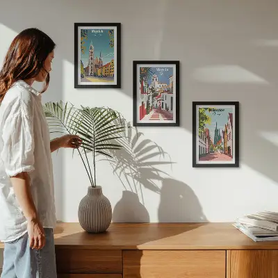 Modern keretezett képszett európai városokat ábrázoló színes illusztrációkkal