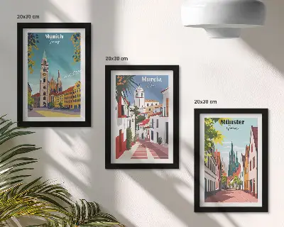 Modern keretezett képszett európai városokat ábrázoló színes illusztrációkkal