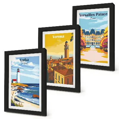 Keretezett triptichon tengerparti és városi látkép híres helyekről