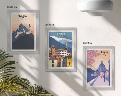 Modern keretezett kép szett Hegyek és retró építészet színes illusztrációk