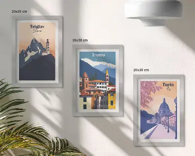 Modern keretezett képszett hegyeket és retró építészetet ábrázoló színes illusztrációk