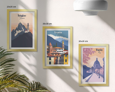 Modern keretezett kép szett Hegyek és retró építészet színes illusztrációk