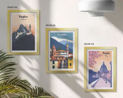 Modern keretezett képszett hegyeket és retró építészetet ábrázoló színes illusztrációk