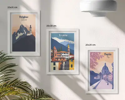 Modern keretezett képszett hegyeket és retró építészetet ábrázoló színes illusztrációk