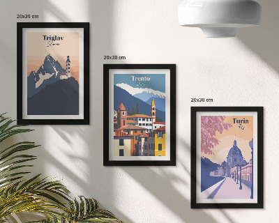 Modern keretezett kép szett Hegyek és retró építészet színes illusztrációk