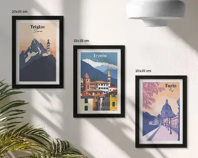 Modern keretezett képszett hegyeket és retró építészetet ábrázoló színes illusztrációk