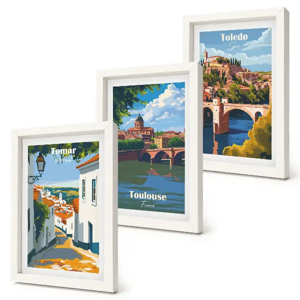 Híres városok retró stílusú grafikái keretezett triptichon