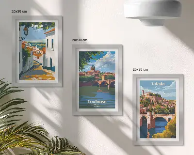 Híres városok retró stílusú grafikái keretezett triptichon