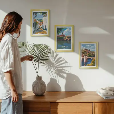 Híres városok retró stílusú grafikái keretezett triptichon