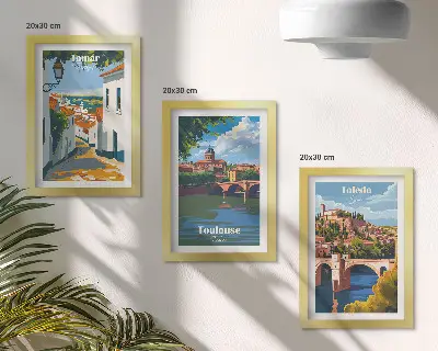 Híres városok retró stílusú grafikái keretezett triptichon