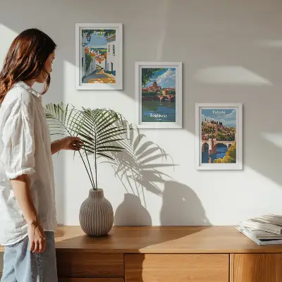 Híres városok retró stílusú grafikái keretezett triptichon