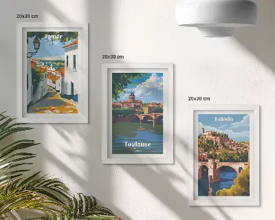 Híres városok retró stílusú grafikái keretezett triptichon
