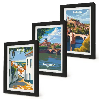 Híres városok retró stílusú grafikái keretezett triptichon