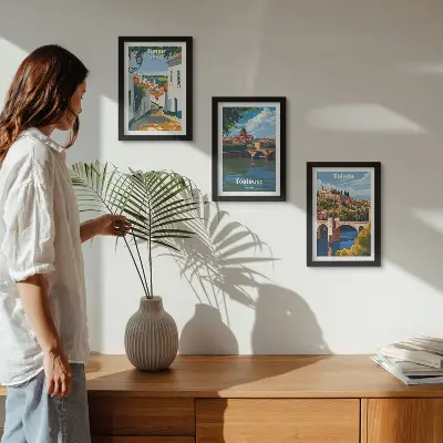 Híres városok retró stílusú grafikái keretezett triptichon