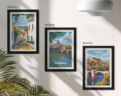 Híres városok retró stílusú grafikái keretezett triptichon