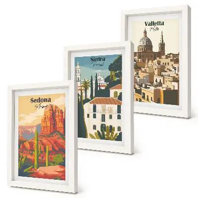 Sedona, Sintra és Valletta retró városképei keretezett triptichon