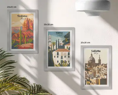 Sedona, Sintra és Valletta retró városképei keretezett triptichon