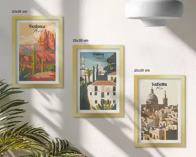 Sedona, Sintra és Valletta retró városképei keretezett triptichon