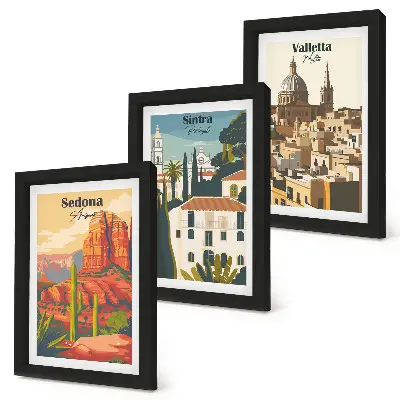 Sedona, Sintra és Valletta retró városképei keretezett triptichon