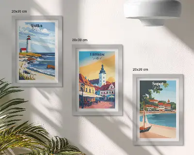 Háromrészes keretezett falikép kilátás lengyel városokra, Ustka, Tarnów és Sopot ábrázolásával