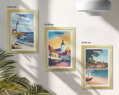 Háromrészes keretezett falikép kilátás lengyel városokra, Ustka, Tarnów és Sopot ábrázolásával