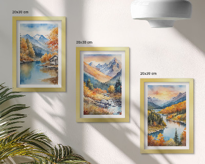 Modern keretezett kép szett Hegyi táj folyóval és őszi fákkal