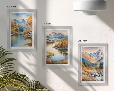 Hegyi kilátás folyóval és őszi fákkal keretezett triptichon