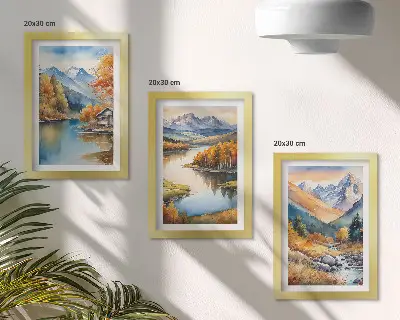 Hegyi kilátás folyóval és őszi fákkal keretezett triptichon