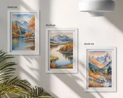 Hegyi kilátás folyóval és őszi fákkal keretezett triptichon
