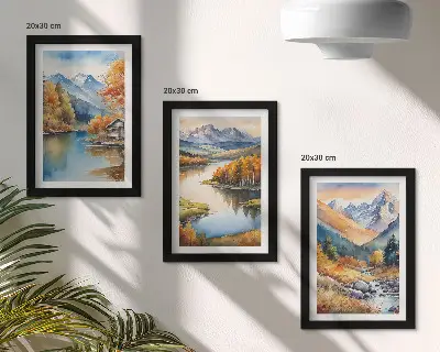 Hegyi kilátás folyóval és őszi fákkal keretezett triptichon