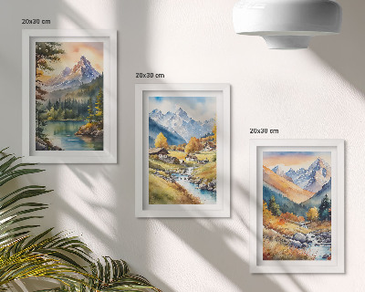 Modern keretezett kép szett Hegyi táj folyóval és őszi színű házikókkal