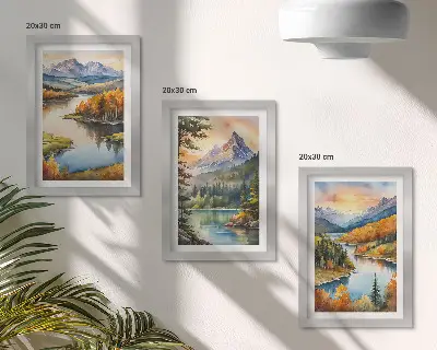 Hegyi tájak folyóval és színes fákkal keretezett triptichon