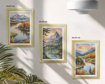 Hegyi tájak folyóval és színes fákkal keretezett triptichon