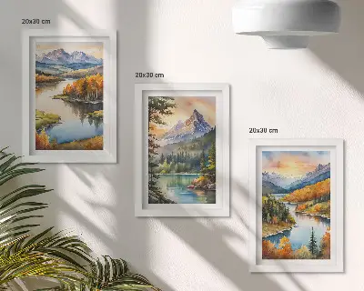 Hegyi tájak folyóval és színes fákkal keretezett triptichon