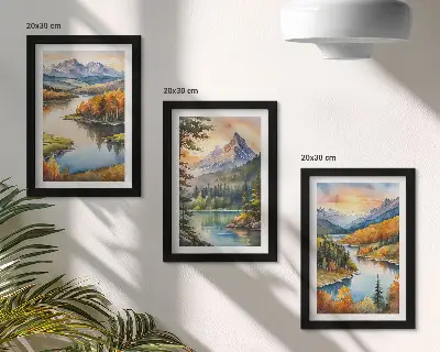 Hegyi tájak folyóval és színes fákkal keretezett triptichon