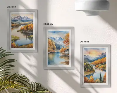 Modern keretezett képszett őszi hegyi táj folyóval és vízparti házikóval