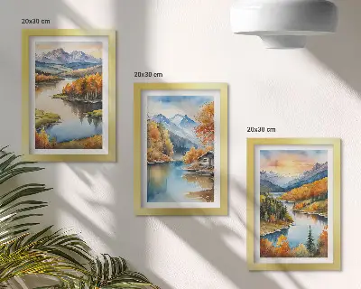 Modern keretezett képszett őszi hegyi táj folyóval és vízparti házikóval