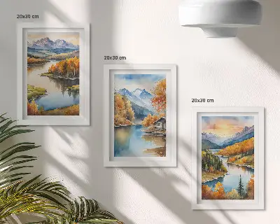 Modern keretezett képszett őszi hegyi táj folyóval és vízparti házikóval