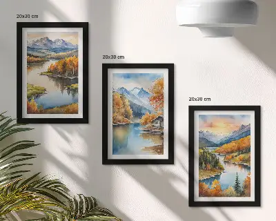 Modern keretezett képszett őszi hegyi táj folyóval és vízparti házikóval
