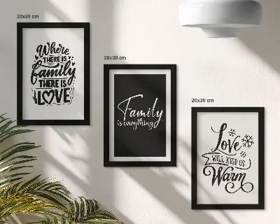 Keretezett triptichon család, szeretet és otthon témájú, inspiráló idézeteket tartalmazó falikép