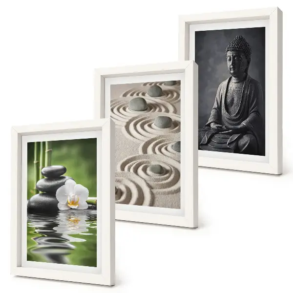 Modern keretezett kép szett pihentető Buddha szobor tengerparti kövekkel és bambusszal