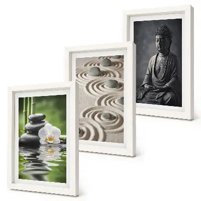 Modern keretezett kép szett pihentető Buddha szobor tengerparti kövekkel és bambusszal