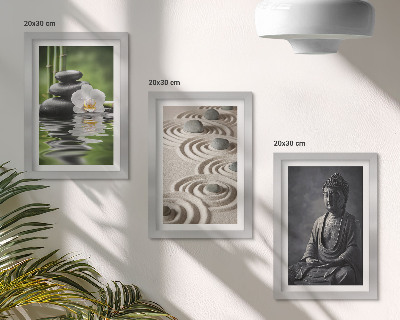 Modern keretezett kép szett Pihentető kilátás Buddha szobrára, a tengerparton lévő kövekre és bambuszra