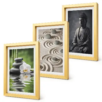 Modern keretezett kép szett pihentető Buddha szobor tengerparti kövekkel és bambusszal