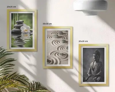 Modern keretezett kép szett pihentető Buddha szobor tengerparti kövekkel és bambusszal