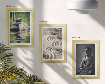 Modern keretezett kép szett Pihentető kilátás Buddha szobrára, a tengerparton lévő kövekre és bambuszra