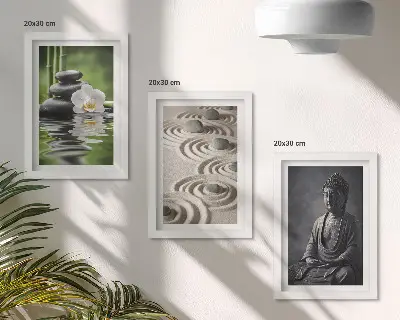 Modern keretezett kép szett pihentető Buddha szobor tengerparti kövekkel és bambusszal