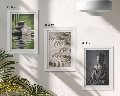 Modern keretezett kép szett Pihentető kilátás Buddha szobrára, a tengerparton lévő kövekre és bambuszra