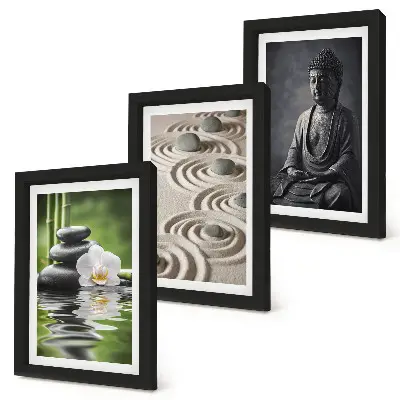 Modern keretezett kép szett pihentető Buddha szobor tengerparti kövekkel és bambusszal