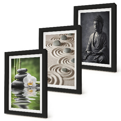 Modern keretezett kép szett Pihentető kilátás Buddha szobrára, a tengerparton lévő kövekre és bambuszra